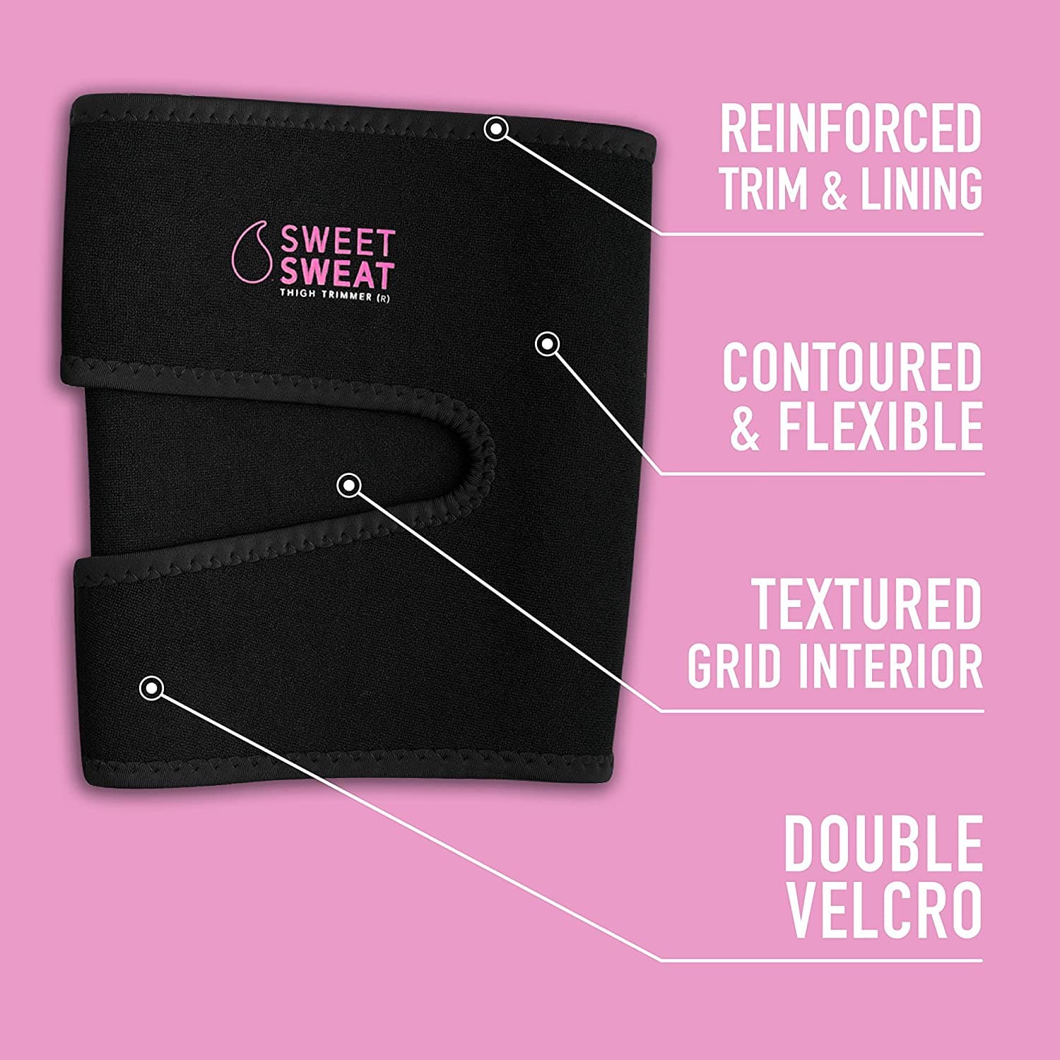 Sweet Sweat® Thigh trimmer features and benefits infographic.